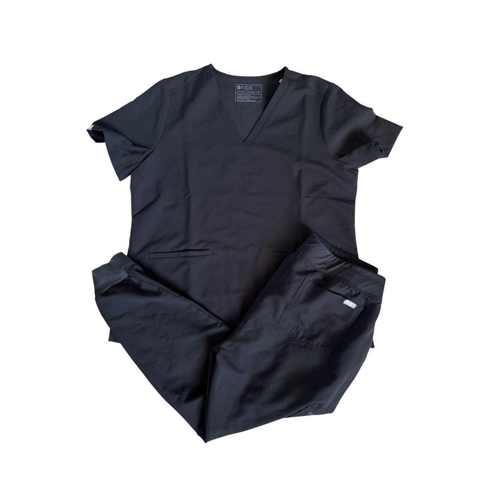 Figs Scrubs Black New Casma Top XL Preowned Zamora Pants Size Large - Picture 1 of 10